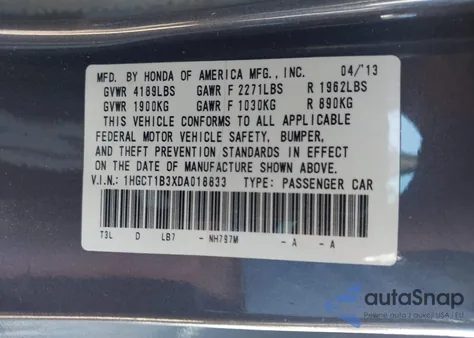 2013 Honda Accord Lx-S z USA, uszkodzony, nr VIN 1HGCT1B3XDA018833